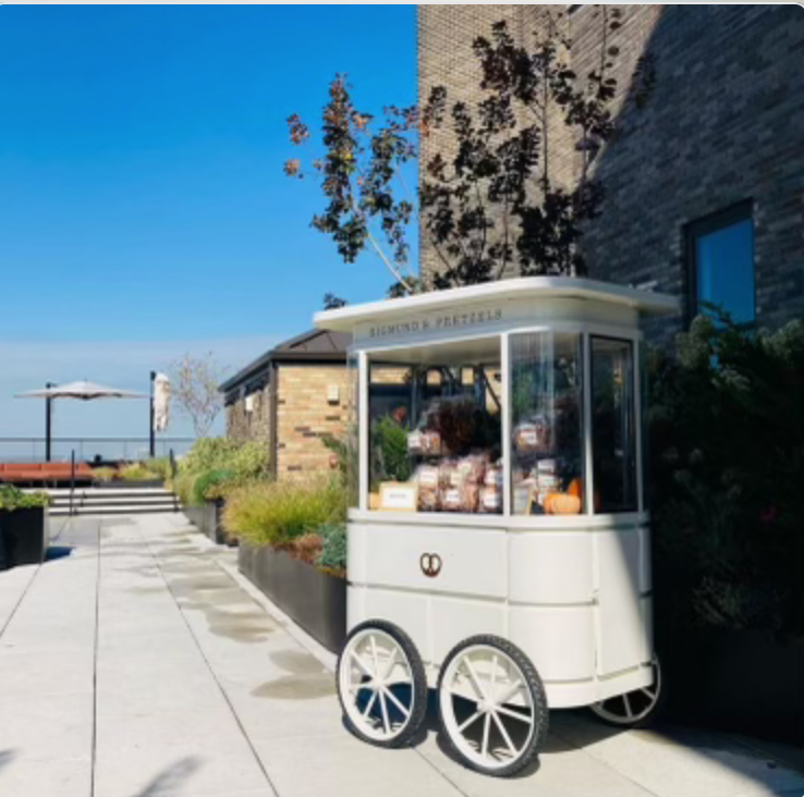 Cart Catering 2025 : 1 cart, 1 server, 2-4 hours of service, 300 individually wrapped assorted bite size pretzels, served room temperature  Flavor options: original (100), truffle cheddar (100), everything (100), churro (100) - Sigmund's Pretzels