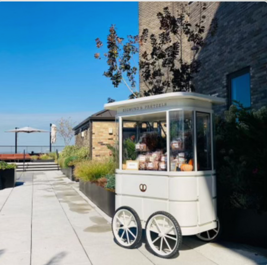 Cart Catering 2025 : 1 cart, 1 server, 2-4 hours of service, 300 individually wrapped assorted bite size pretzels, served room temperature  Flavor options: original (100), truffle cheddar (100), everything (100), churro (100)